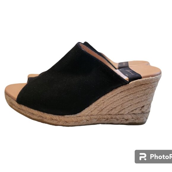 Gaimo Suede Wedges Black Slip On Slide Peep Toe Espadrille - Picture 2 of 14